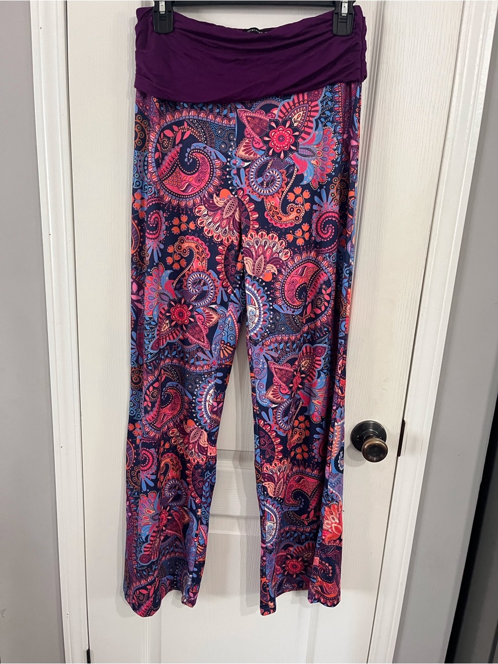 Gracyoga Women's Paisley Fold-Over Waist Wide-Leg Yoga Pants— Purple